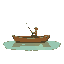 a fisherman in a small wooden boat, casting his fishing line into a clear river. instead of a fish, he is reeling in a single glowing pixel from the riverbed. 