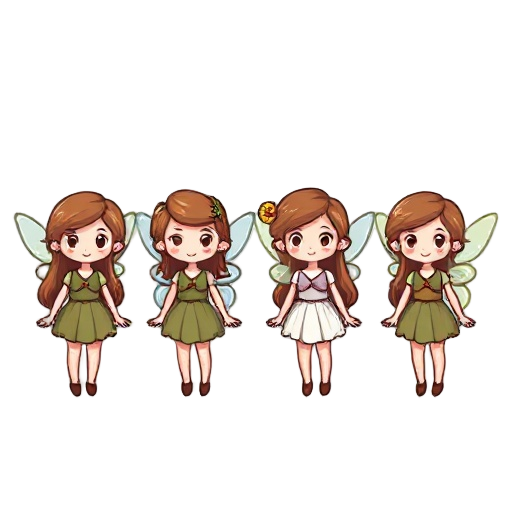 4 pixelated fairies like in a game and all their hairs are brown and they have to wear modest clothes 