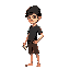 a young thief boy with a black beanie, dark t-shirt, and brown shorts. he is barefoot and holds a smartphone