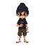a young thief boy with a black beanie, dark t-shirt, and brown shorts. he is barefoot and holds a smartphone