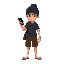 a young thief boy with a black beanie, dark t-shirt, and brown shorts. he is barefoot and holds a smartphone