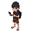 a young thief boy with a black beanie, dark t-shirt, and brown shorts. he is barefoot and holds a smartphone
