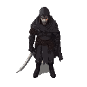 side view of a medieval warrior in dark armor, tattered cloak, holding a simple longsword, battle-worn look, muted colors, dramatic lighting, fantasy style inspired by elden ring
