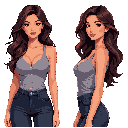 a tall young woman standing confidently against a bright magenta background. she has long wavy dark brown hair and a pleasant expression. she wears a fitted sleeveless gray top with buttons down the front and slightly flared dark jeans. her outfit is comp