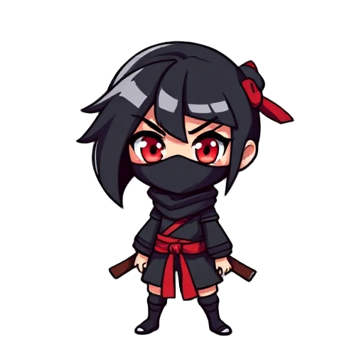 character for 2d platformer a pretty ninja girl with red eyes black hair 