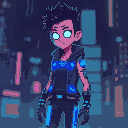cyberpunk full body pixel art adult character. lean, wiry build with neural implants visible along temples. wears lightweight, tech-augmented clothing with holographic displays. neon hair