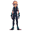 cyberpunk full body pixel art adult character. lean, wiry build with neural implants visible along temples. wears lightweight, tech-augmented clothing with holographic displays. neon hair