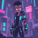 cyberpunk full body pixel art character. lean, wiry build with neural implants visible along temples. wears lightweight, tech-augmented clothing with holographic displays. multiple ar in