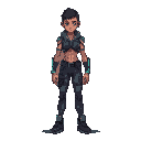 cyberpunk full body pixel art character. 64x64 sprite. lean, wiry build with neural implants visible along temples. wears lightweight, tech-augmented clothing with holographic displays. multiple ar in