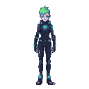 cyberpunk full body pixel art adult character. lean, wiry build with neural implants visible along temples. wears lightweight, tech-augmented clothing with holographic displays. neon hair