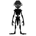 a tall, sinewy humanoid with pointed ears, elongated muzzle,long arms. in black-and-white pixel art, emphasize its eerie silhouette and skeletal details on a dark backdrop
