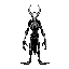 a tall, sinewy humanoid with pointed ears, elongated muzzle,long arms. in black-and-white pixel art, emphasize its eerie silhouette and skeletal details on a dark backdrop
