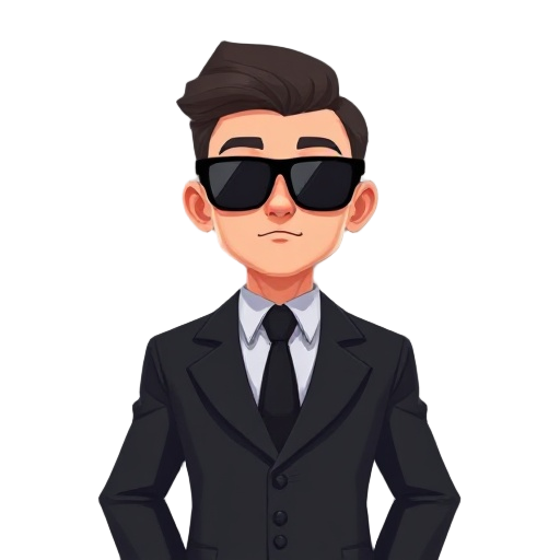 portrait, shoulders up view of a character in a black suit and black sunglasses