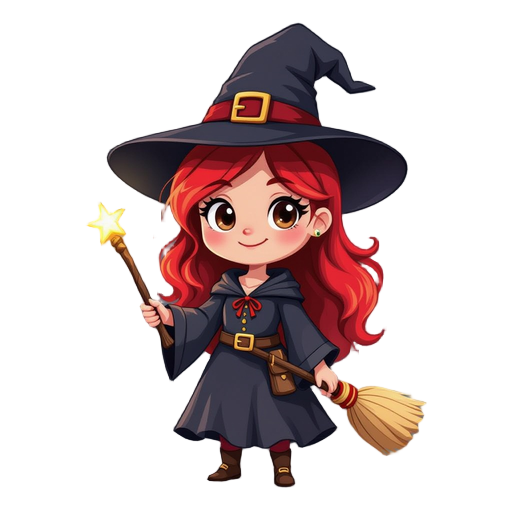 cute witch, white skin, red hair, holding a wand