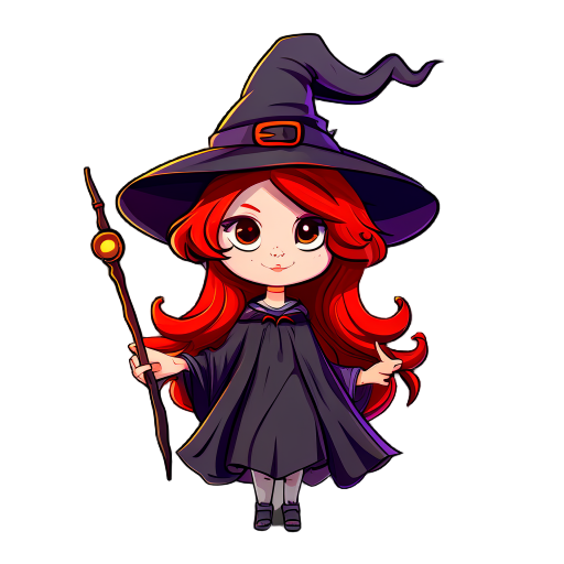 cute witch, white skin, red hair, holding a wand