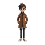 a person wearing a brown coat , black pants, and white shoes, with black hair