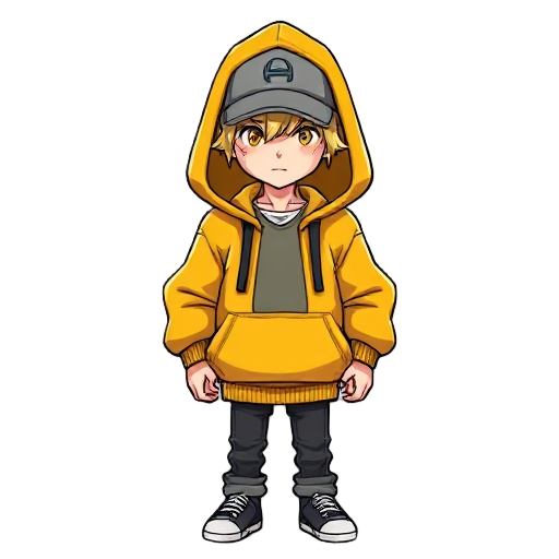a androgynous person wearing a large puffy yellow hoodie with a grey baseball cap underneath the hood, blonde hair sticks out around the neck.