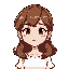 girl with brown hair and white top, with layered c-curl hair. small hoop earrings, and smaller crescent shaped eyes. should be a head-shot-type, up to the chest