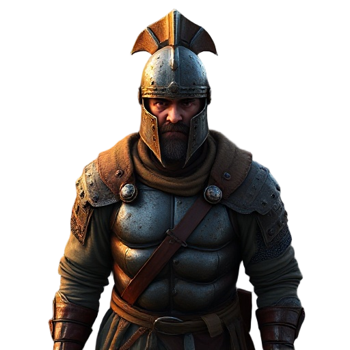 # medieval warrior prompt (for ai image/character generation) a highly detailed depiction of a seasoned medieval warrior, standing in a misty 14th-century european battlefield at dawn. he wears a dented, weathered steel breastplate over a thick linen gamb