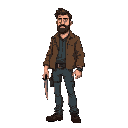 man suvivor  from the zombie apocalypse  30 years old  with  beard and a knife in his hands he`s wearing a  brown jacket and jeans  he`s sideway