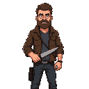 man suvivor  from the zombie apocalypse  30 years old  with  beard and a knife in his hands he`s wearing a  brown jacket and jeans 