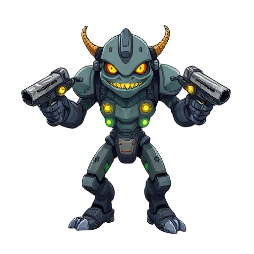 sci fi monster with robot parts and glowing energy cells with guns on arms 