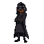 an african, with a dark cloak covering his body and wearing black goggles, posing to the right in an idle stance