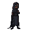 an african, with a dark cloak covering his body to his feet and wearing black goggles, posing to the right in an idle stance