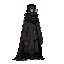 an african, with a dark cloak covering his body and wearing black goggles, posing to the right in an idle stance