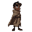 an african, with a cloak around his body and wearing black goggles, posing to the right in an idle stance