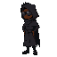 an african, with a dark cloak covering his body and wearing black goggles, posing to the right in an idle stance