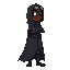 an african, with a dark cloak covering his body and wearing black goggles, posing to the right in an idle stance
