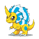 gabumon from digimon anime, small cute creature in japanese anime style, yellow dinosaur body with sharp claws, covered by a blue and white striped fur pelt, single yellow horn on forehead, large expressive eyes, 90s anime style, simple colorful backgroun
