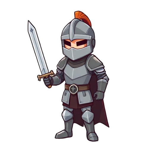 medieval knight holding a sword in one hand with full knight armor and helmet, without shield. use pixelated art