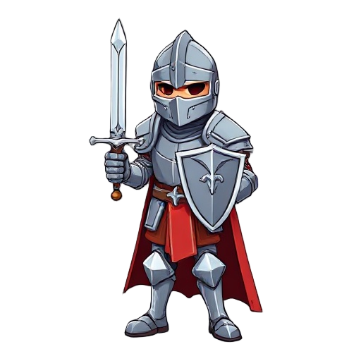 medieval knight holding a sword in one hand with full knight armor and helmet