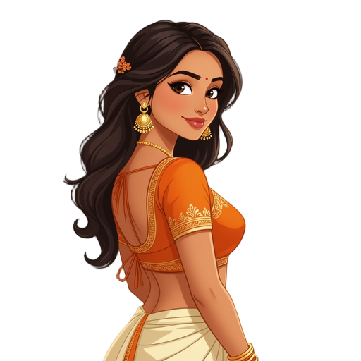 a beautiful curvy indian woman standing, facing slightly backward over her shoulder, wearing an orange embroidered traditional choli (blouse) with string tie-up at the back and cream satin dhoti pants
