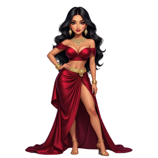 curvy voluptuous indian woman, dusky skin, deep red satin fantasy outfit with high-slit draped skirt, deep plunge blouse, gold waist belt, statement necklace, long side-swept wavy hair,