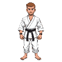 personagem masculino 2d de cabelo curto, ele é um karateca, usa kimono branco, pés descalcos e maos vazias, faixa marrom, cabelo e barba castanho curta