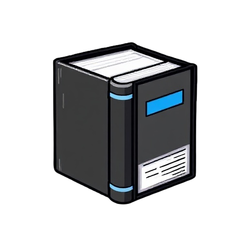 pixel-art black and white book with blue spine