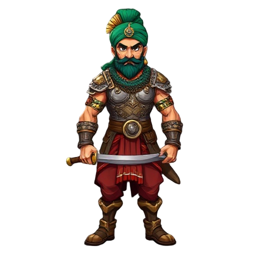 muscular rajput warrior in ornate chainmail and quilted cotton armor, steel breastplate, emerald turban, curved talwar sword, brass bracers, leather boots, red dhoti, and fierce gaze.