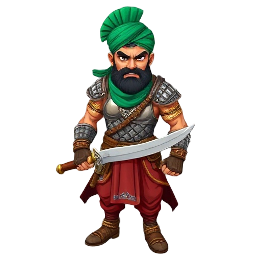 muscular rajput warrior in ornate chainmail and quilted cotton armor, steel breastplate, emerald turban, curved talwar sword, brass bracers, leather boots, red dhoti, and fierce gaze.