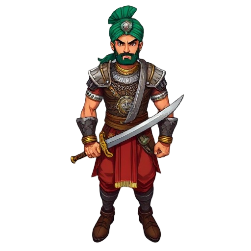 muscular rajput warrior in ornate chainmail and quilted cotton armor, steel breastplate, emerald turban, curved talwar sword, brass bracers, leather boots, red dhoti, and fierce gaze.