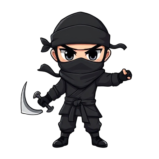 3d chibi character with a ninja headband, holding a throwing star, wearing a black outfit. rogue. stealth fighter
