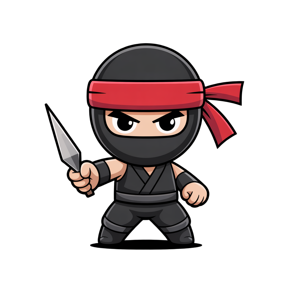 3d chibi character with a ninja headband, holding a throwing star, wearing a black outfit. rogue. stealth fighter