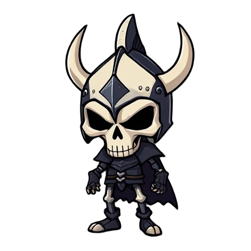 a dark, menacing skeletal knight-like warrior.   head & helmet  skull mask: the most striking feature is the bone-white skull mask, stylized with deep eye sockets and a small triangular nose hole. the