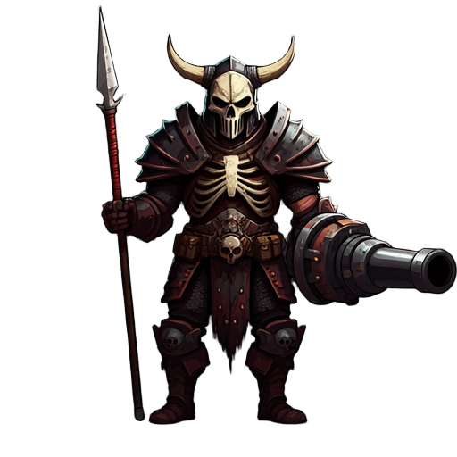 skeletal knight with a skull mask, horned helm, and red-black armor wields a spear and a cannon arm. dark, brutal, and battle-worn, he blends medieval might with deadly, sci-fi power