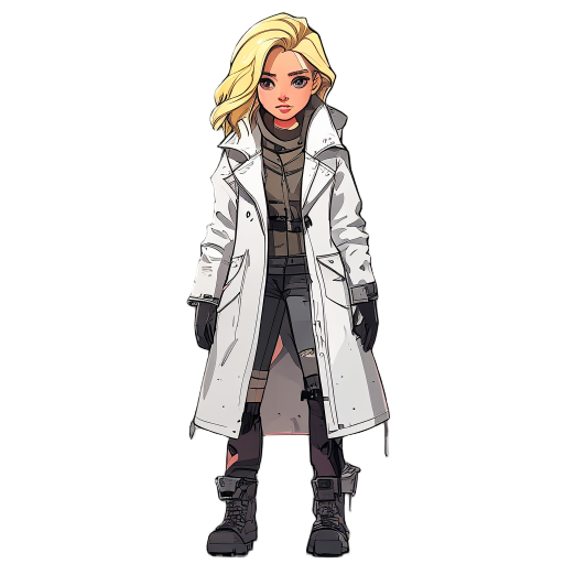 post apocalyptic blonde girl with white coat
