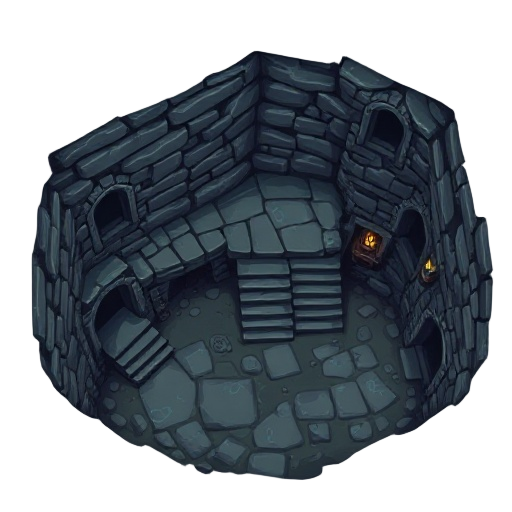 ruin of tample in dungeon with dark ambiance. use some stairs and some balcony that halfbroken. make the ground stones wet with water.