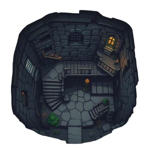 ruin of tample in dungeon with dark ambiance. use some stairs and some balcony that half broken.