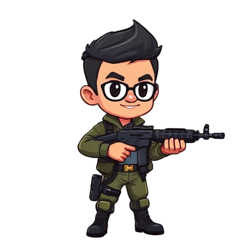 buat sebuah karakter pria dengan profesi tentara yang sedang membidik target dengan ak-47 dengan model pixel